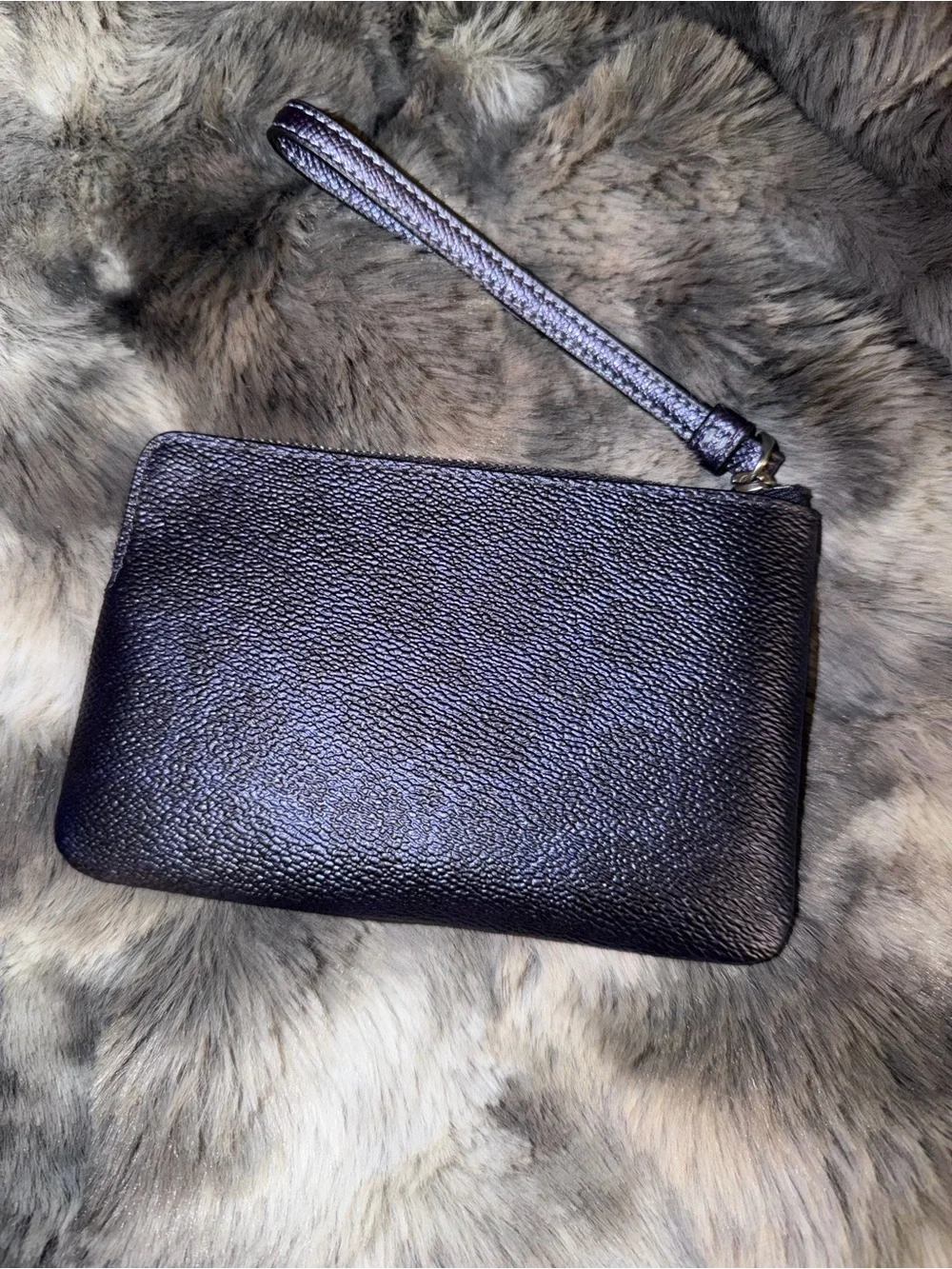 Coach Navy Blue Pebbled Leather Wristlet Pouch with Silver Hardware